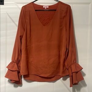 Women's Rust V-Neck Ruffle Sleeve Top